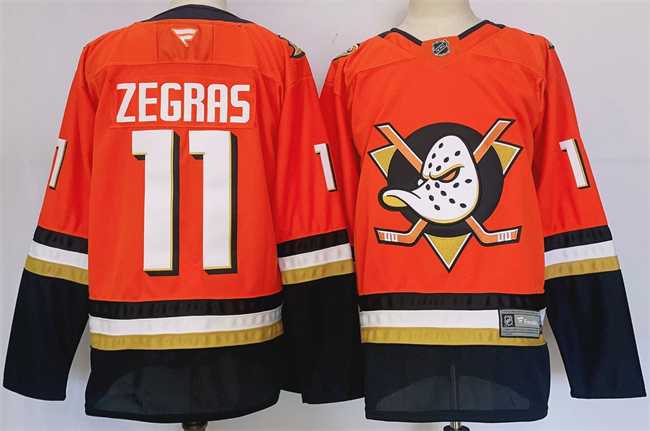 Men%27s Anaheim Ducks #11 Trevor Zegras Orange Black 2024-25 Stitched Jersey